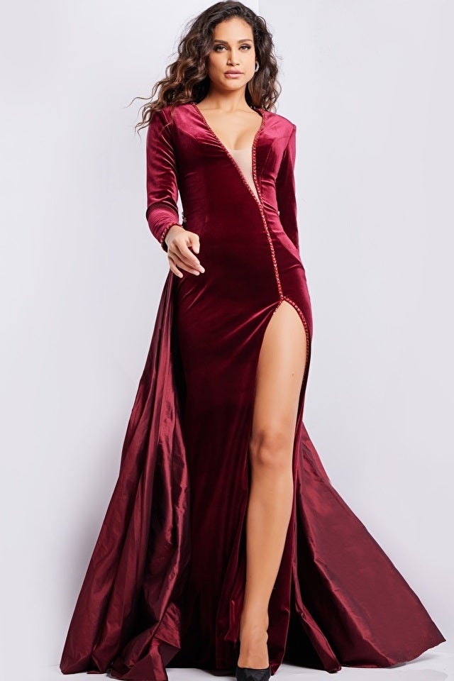 Jovani Burgundy Long Sleeve Velvet Dress 23943 CACHE THE HOUSE OF DRESSES