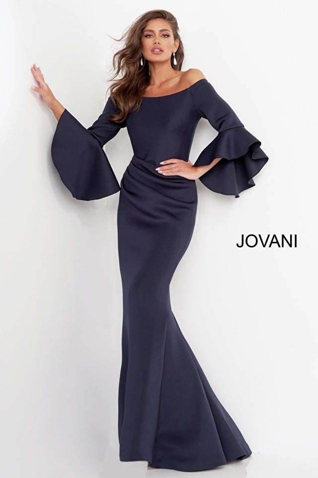 Jovani Scuba Off the Shoulder Bell Sleeves Mother of the Bride Dress 59993 CACHE THE HOUSE OF DRESSES